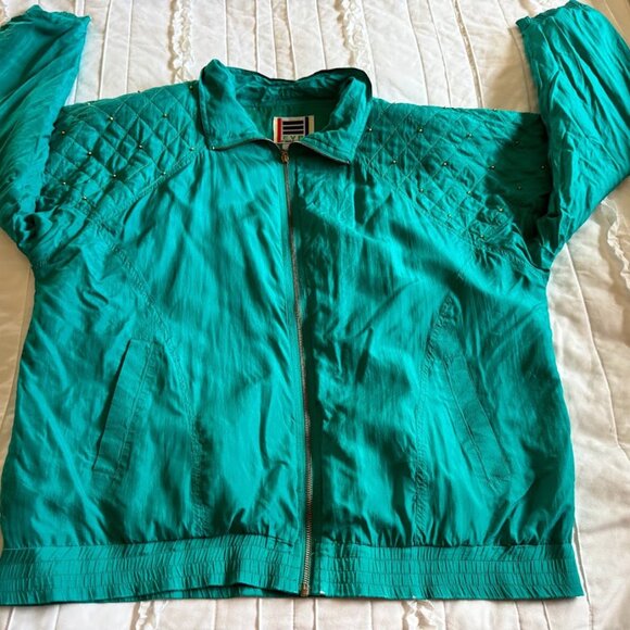Vintage 1980’s EVR 100% Silk Bomber Jacket, Teal w/ Gold Beads, Lined, Size XL - Picture 1 of 9